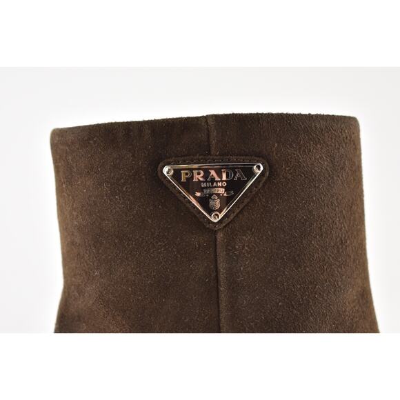 Prada 55MM Moro Chocolate Brown Suede Logo Short Ankle Block Heel Bootie 37.5 - Picture 6 of 16